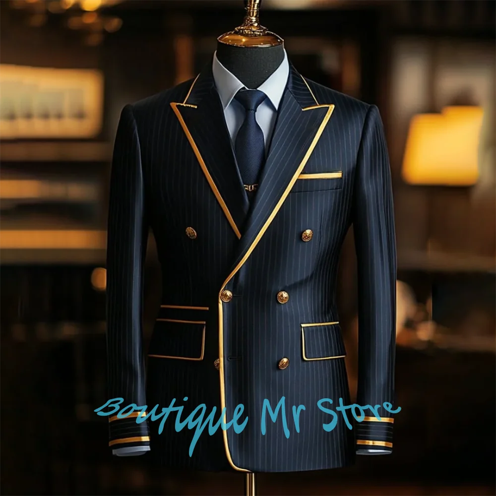 

Luxury Black Pinstripe Man Jacket Double-Breasted with Gold Trimming Blazer Glamorous 1Piece Formal Business Evening Party Wear