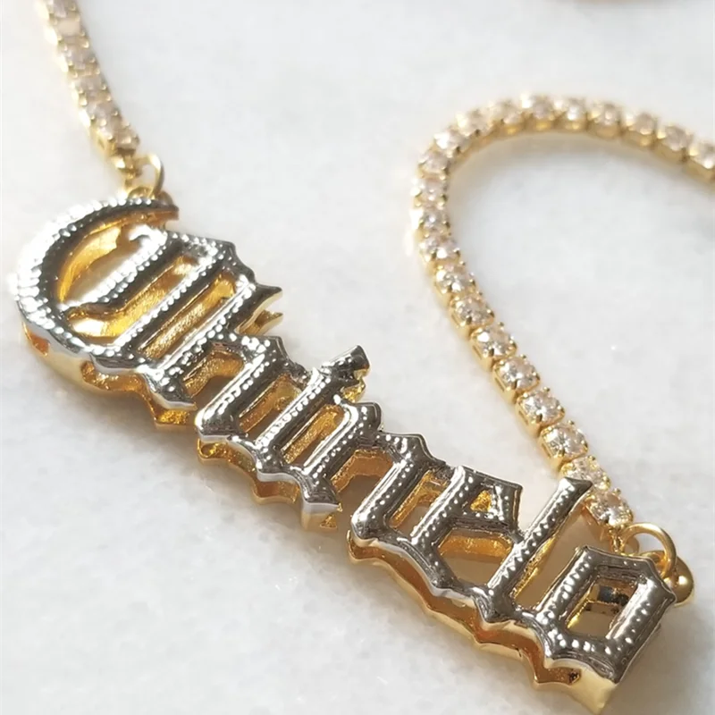 

Custom 3D Double Plate Name Necklace Personalized 18K Gold Nameplate Tennis Chain Two-Tone Nameplate Pendant Jewelry For Women