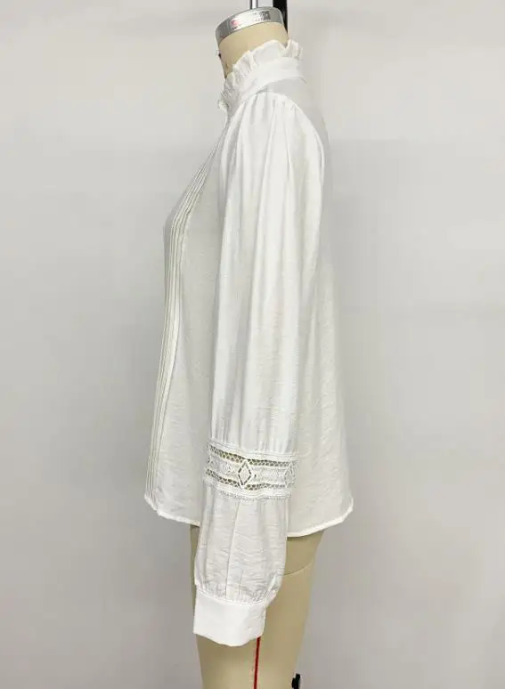 เสื้อผู้หญิง 2026 ใหม่ ฤดูใบไม้ผลิ ฤดูใบไม้ร่วง สีพื้น เรียบหรู แต่งลูกไม้ คอตั้ง แขนยาว สไตล์ลำลอง สีขาว