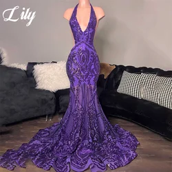 Lily Purple Halter Evening Gown Mermaid Sleeveless Elegant Prom Dress Embroiedry Pleats Wedding Evening Dress robes de soirée