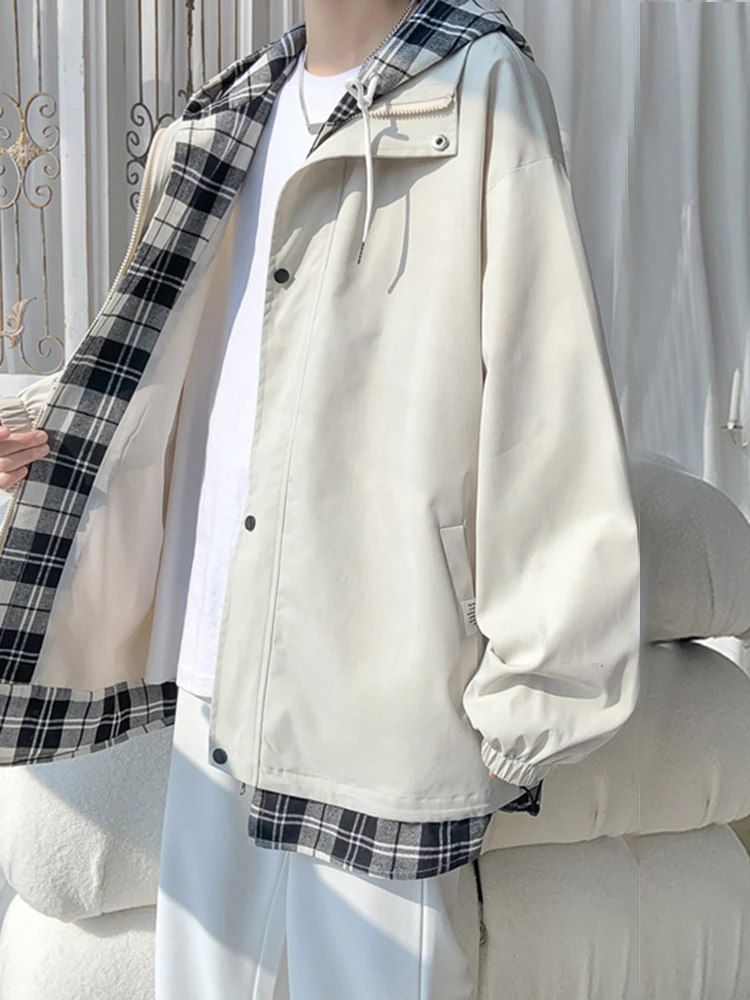 

Trendy Plaid Hooded Jaet for Men Autumn Season Oversize Casual Wear Polyester Fabric Long Sve Zipper Closure Street Sle