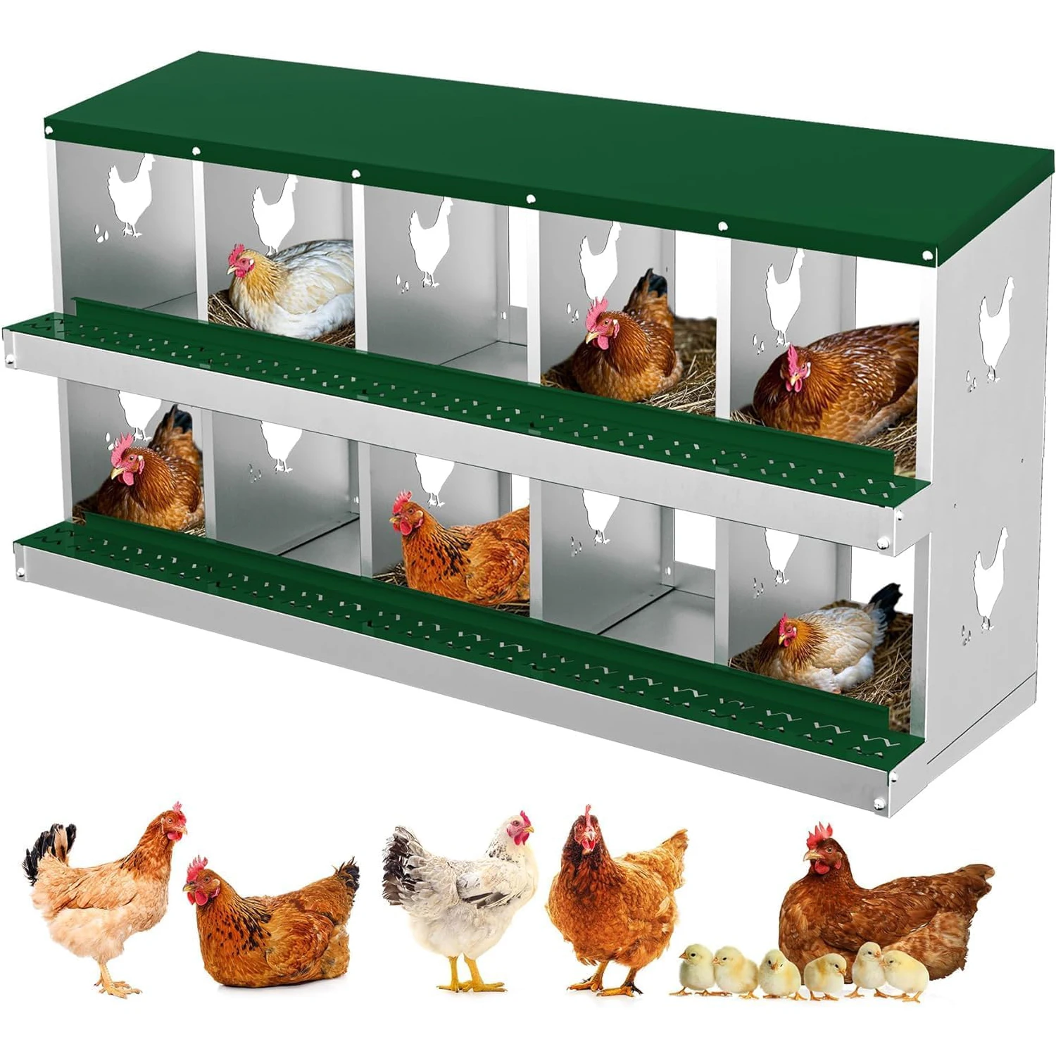 

Metal Chicken Nesting Boxes Heavy-Duty Galvanized Steel Egg Laying Box with 10 Compartments Wall-Mountable for Poultry Coops