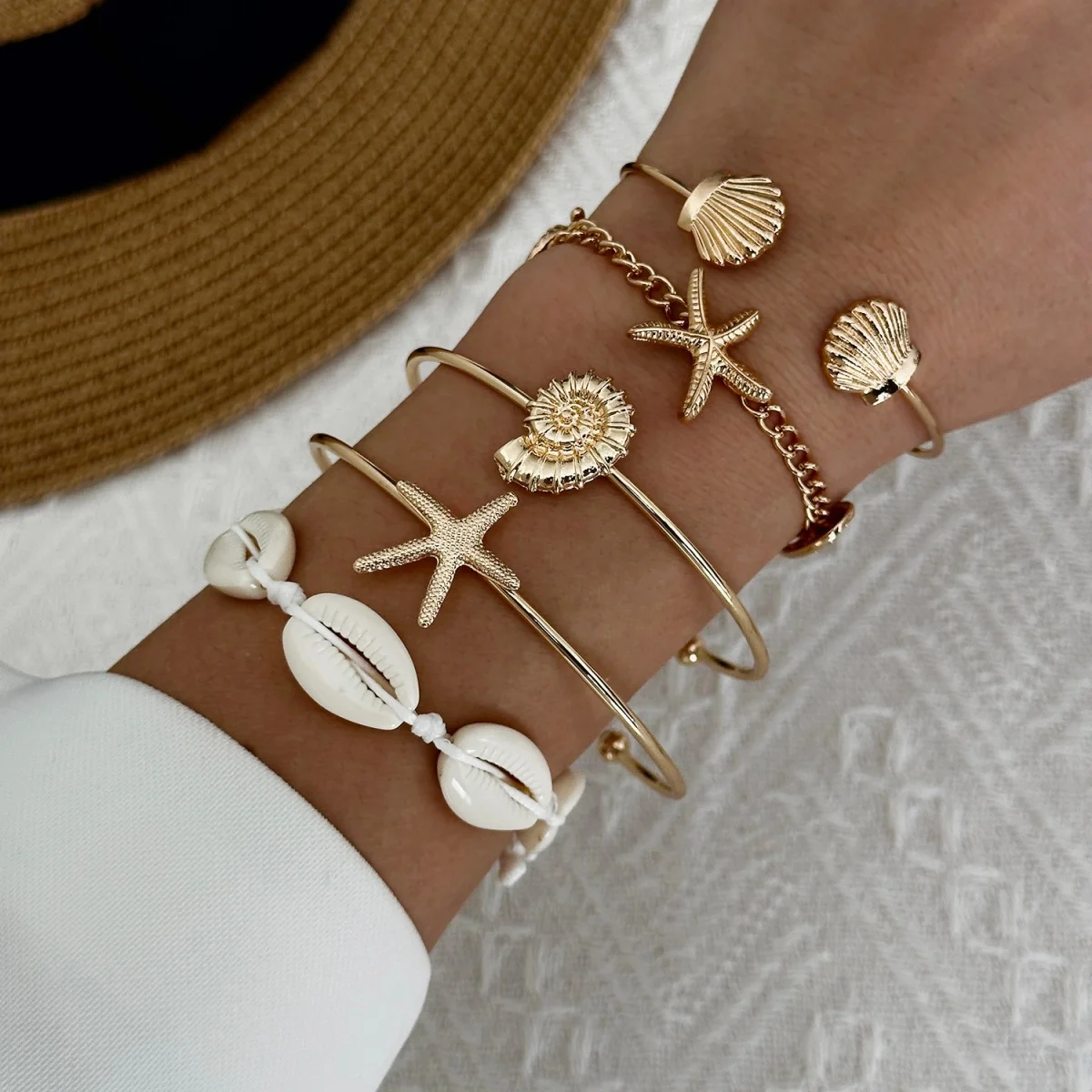 Böhmisches Mehrschichtiges Seestern-Muschel-Armreif-Set für Damen und Herren, Sommer-Strand-Urlaub, klobiger Armreif, Party-Schmuck – Detail 14