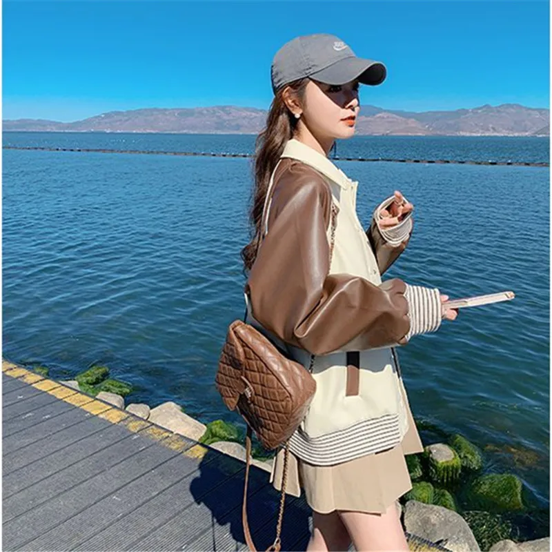 Spring Autumn PU Leather Jacket Women Join Together Long Sleeve Outerwear Casual Contrasting Leather Baseball Uniform Coat