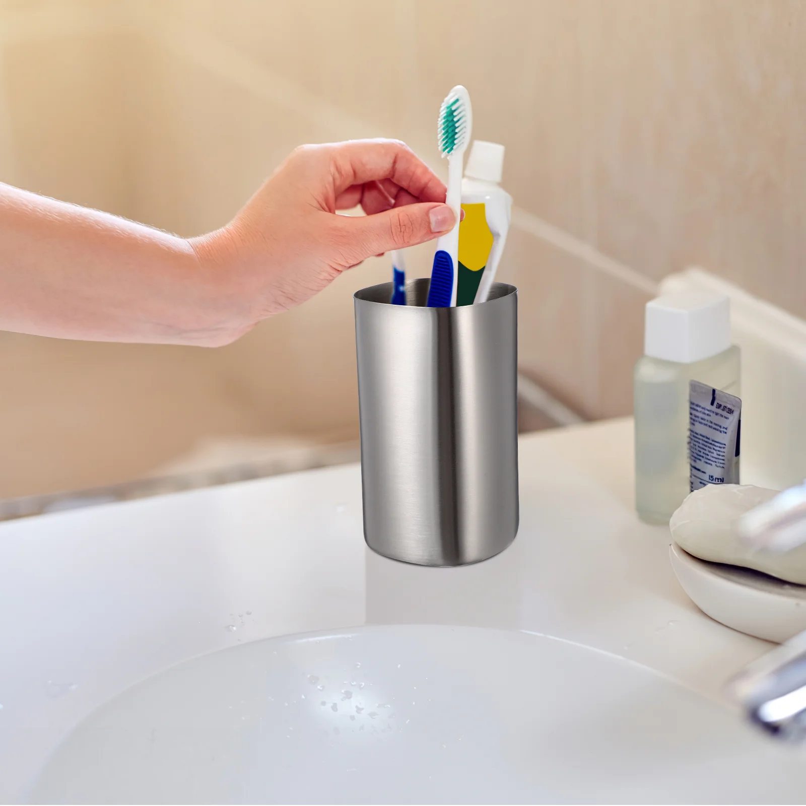 Toothbrush Holder Travel Toothpaste Metal Cup Stainless Steel Mug Water Bottle Silver Man Child