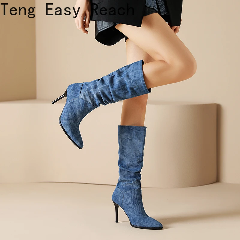 Blue Denim Knee High Cowboy Boots for Women 2023 Autumn Pleated High Heels Long Boots Woman Stiletto Heeled Jeans Botas Shoes