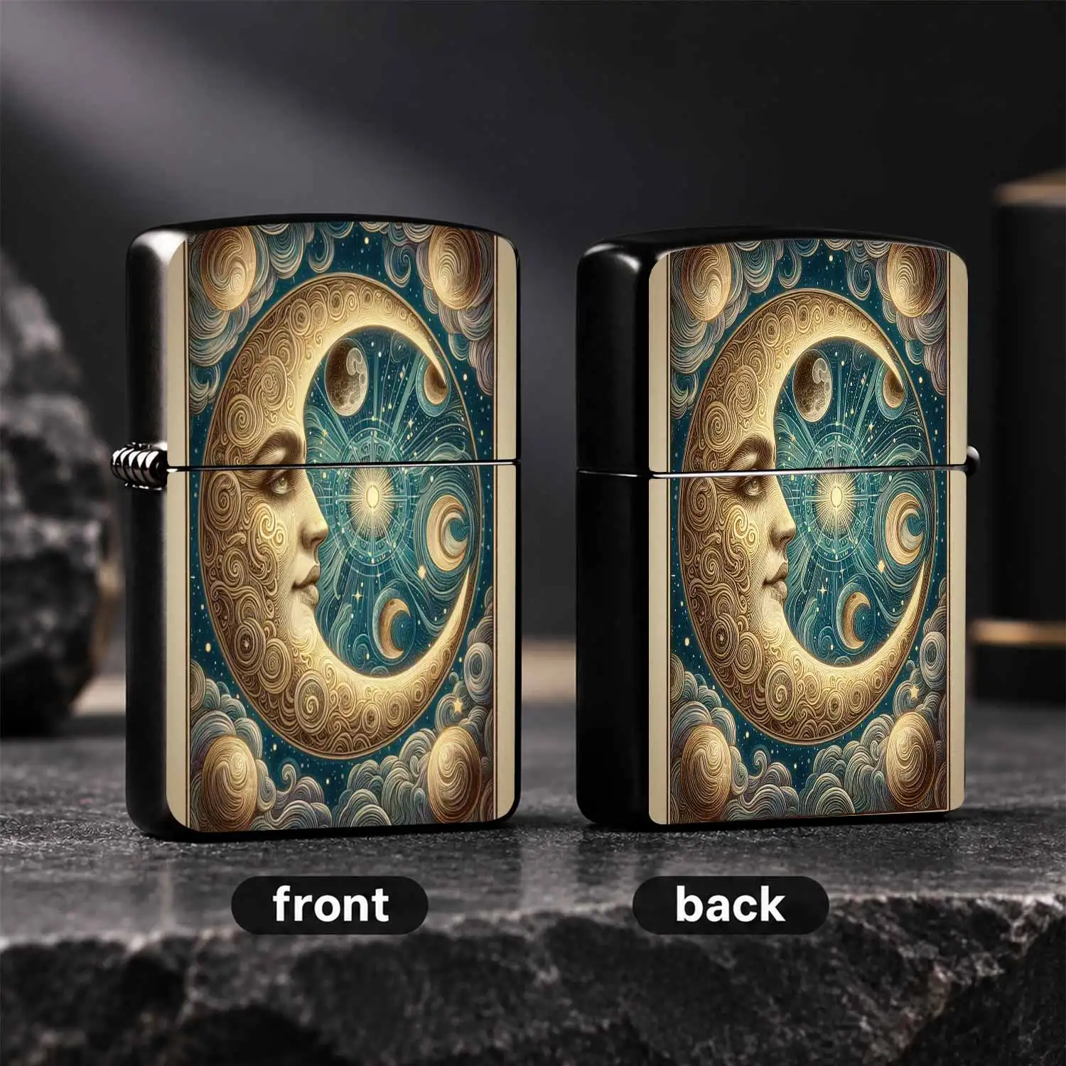 Vintage Celestial Crescent Moon Face Lighter, Art Nouveau Astrology Starry Sky Pattern Portable Igniter, Multi-Scene Use For Daily Outdoor Camping, Unique Aesthetic Decorative Ideal Gift For Art Lovers A Humorous And Interesting Lighter
