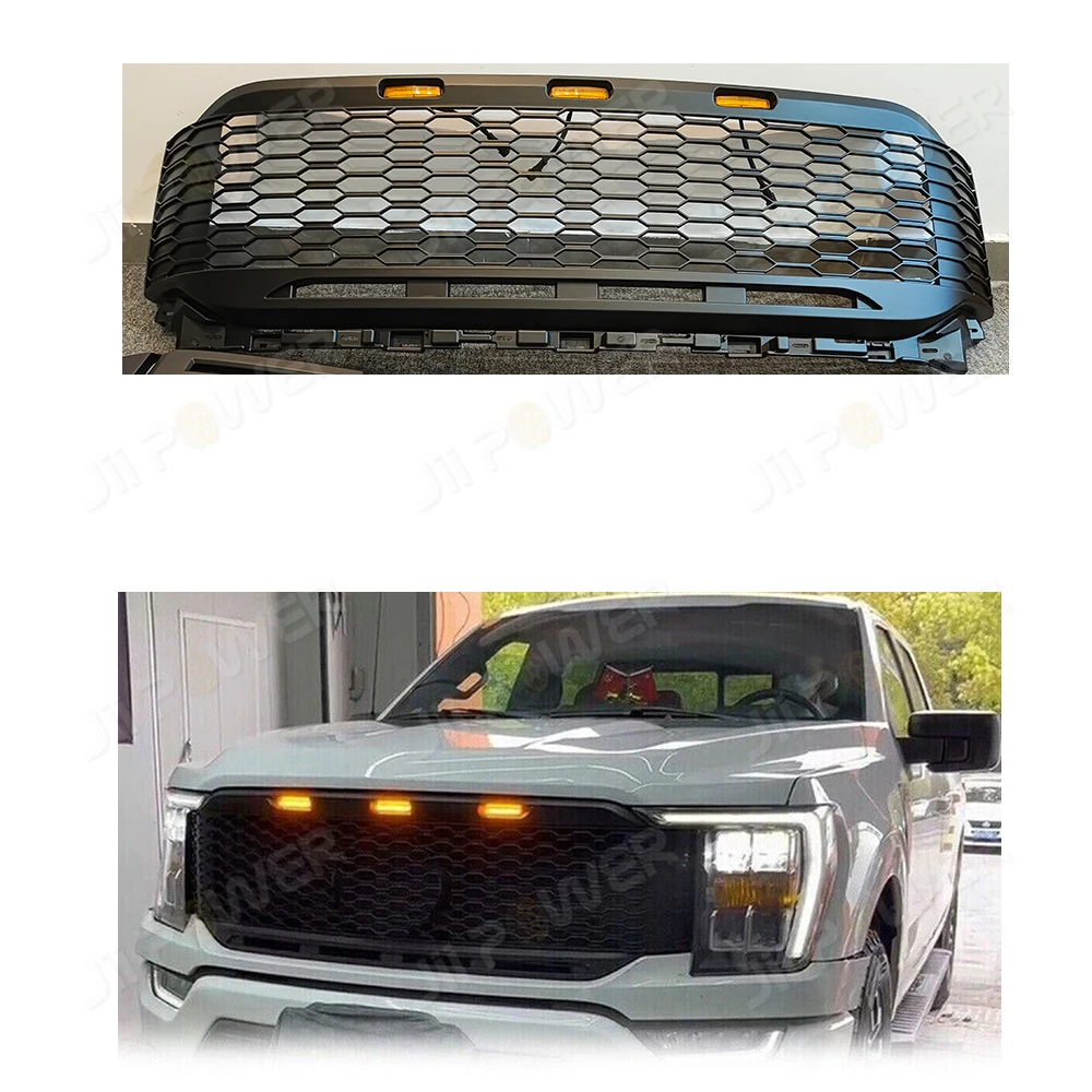 

Hot sale!JiiPower high quality Newest Design 2021+ Front Bumper Black Mesh Grille with LED Light for FORD F150