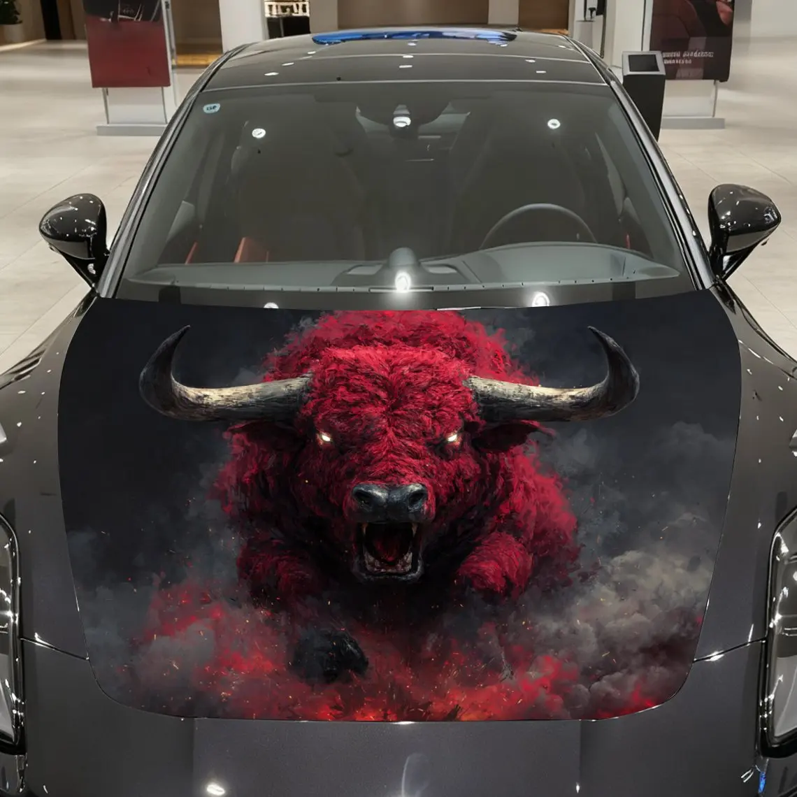 

Fierce Red Buffalo Car Hood Vinyl Wraps Sticker, PVC Waterproof Car Bonnet Decals, Self-Adhesive Scratch-Resistant Stickers For