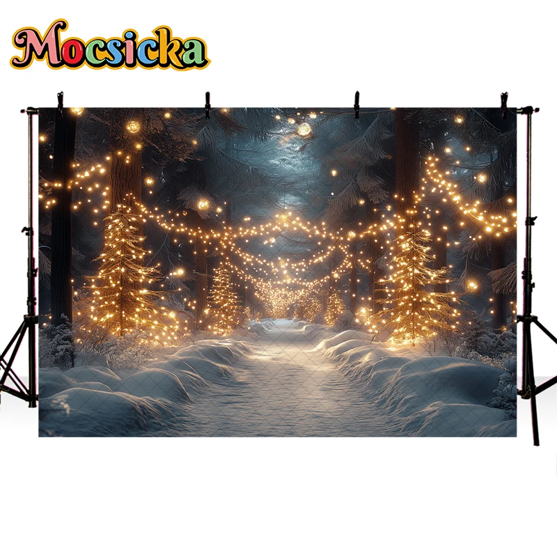 Christmas Night Photography Background Snow Glitter Lights Street Forest Decor Kids Adult Family Portrait Photo Backdrop Studio