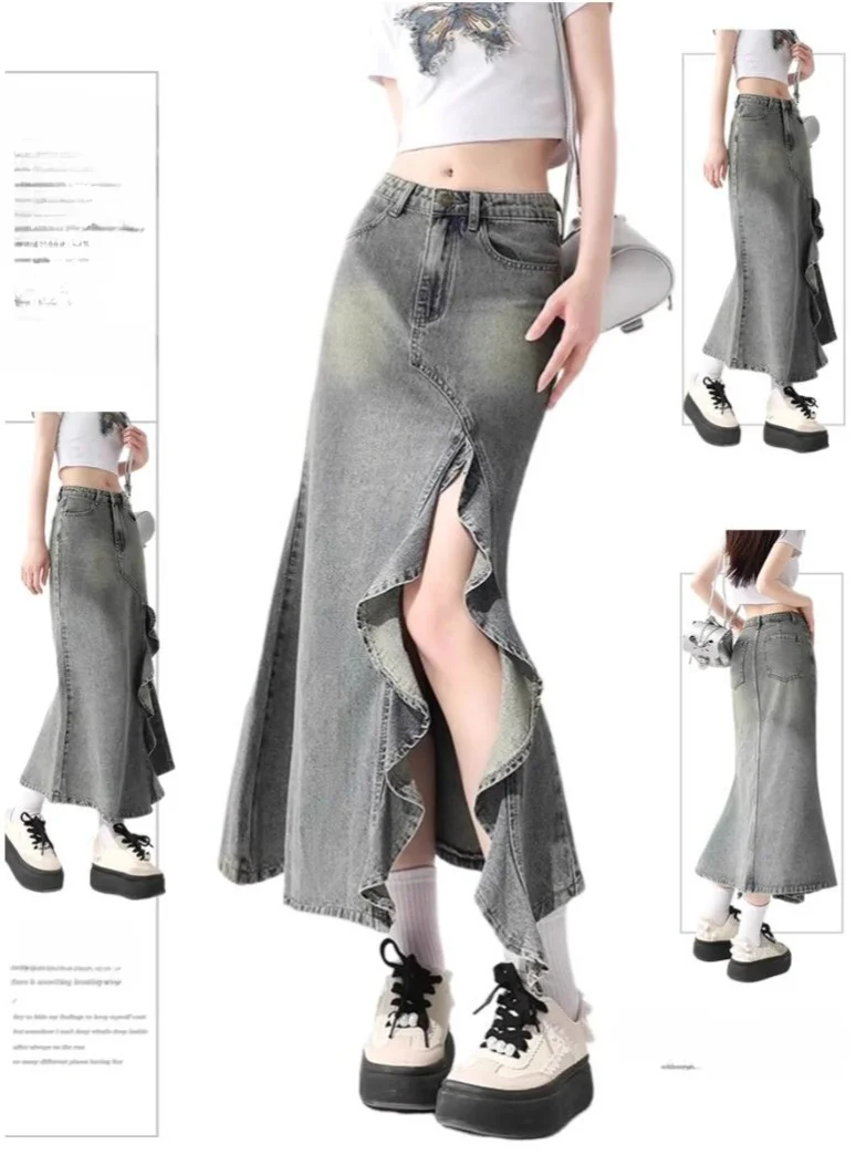 

American retro irregular denim skirt for women's summer new high waisted slimming wave split fishtail A-line skirt