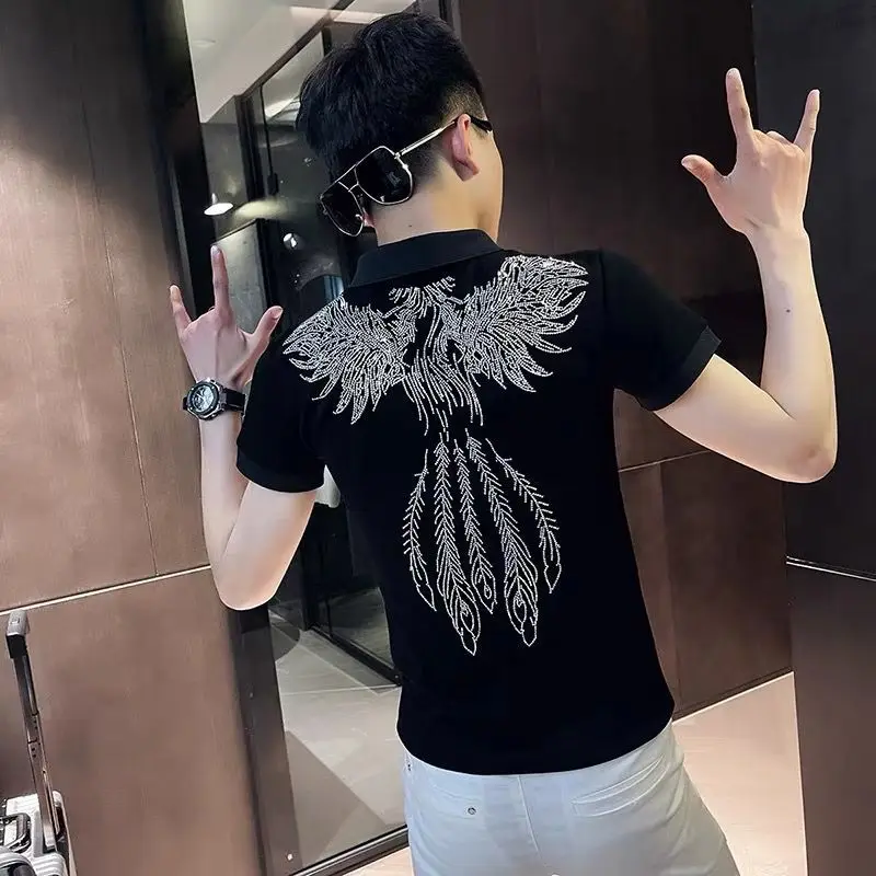 Short Sleeve Rhinestone Mens With Collar T-shirt Slim Fit Male Polo Shirts Vintage Ordinary Cheap Clothes Casual Original Top