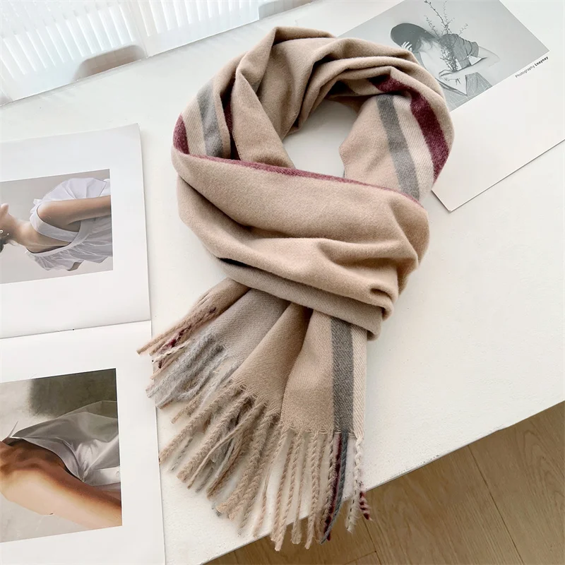 Winter Striped Cashmere Blanket Women Scarf With Tassel Color Block Poncho Stoles Soft Thick Warm Pashmina Shawl Wraps