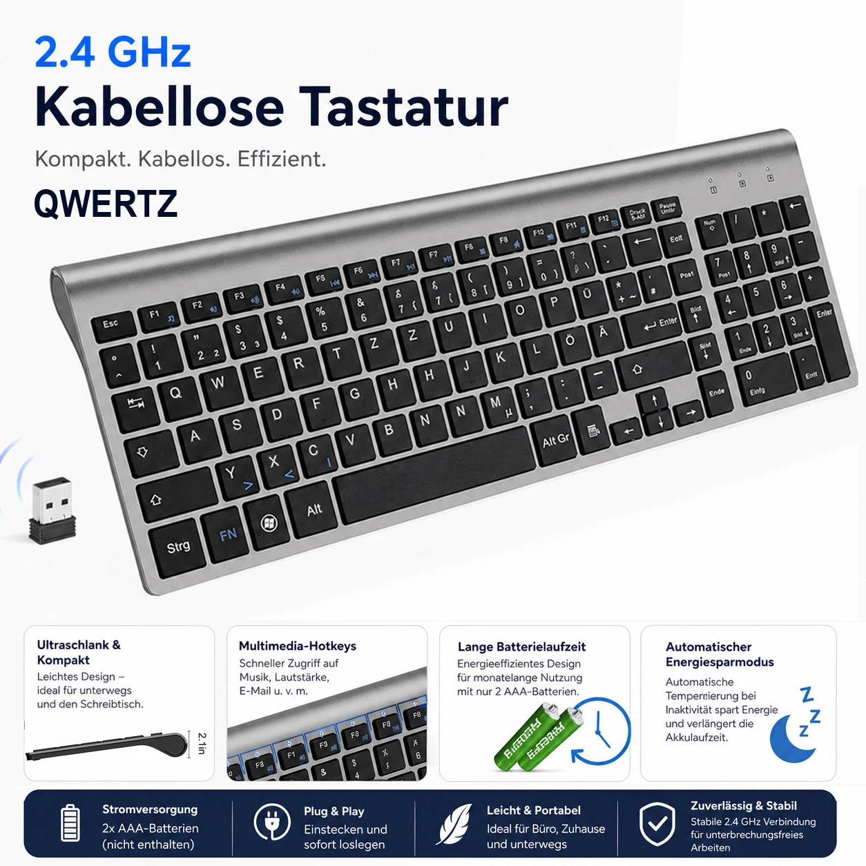 Ultra Slim German Layout (QWERTZ) Wireless Keyboard Multimedia Low Noise 2.4G Keyboard for Windows 7 10 11 Android TV Box