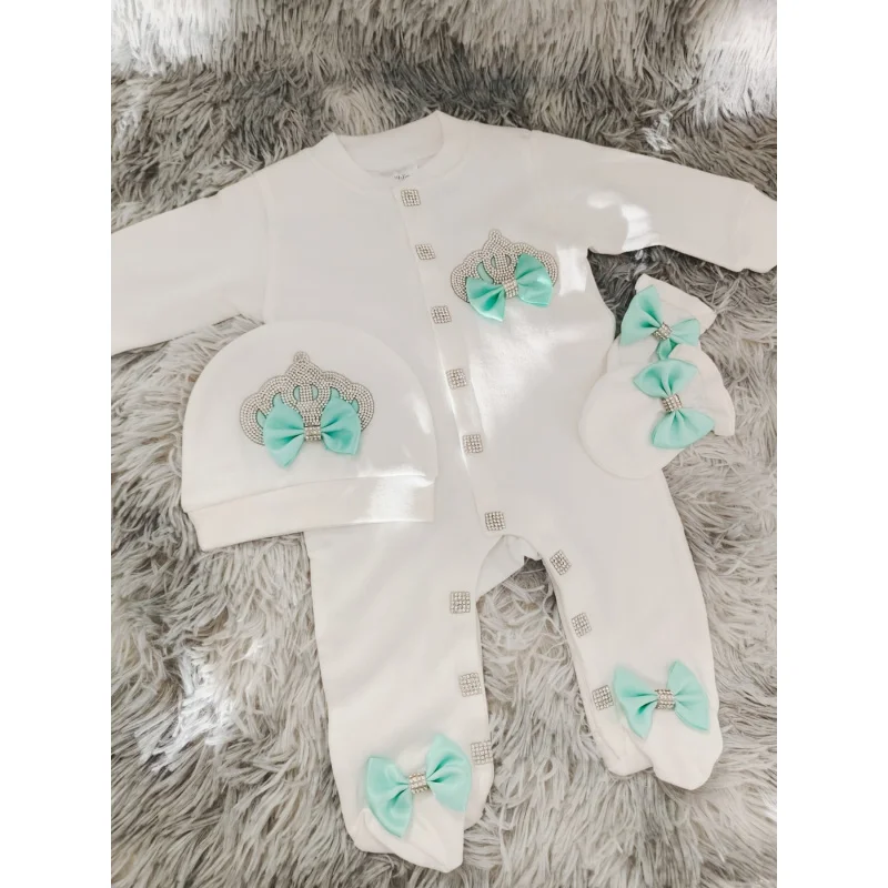Newborn Basic Set，Breathable cotton jumpsuit with crown bow tie，Includes matching hat and gloves，Perfect for baby showers、Holida