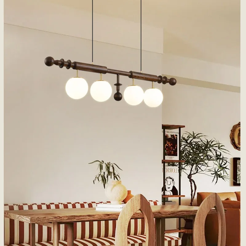Antique Walnut Colored Restaurant Pendant Lamp Wabi Sabi Style Solid Wood Retro Dining Table Straight Strip Ceiling Lamp Fixture