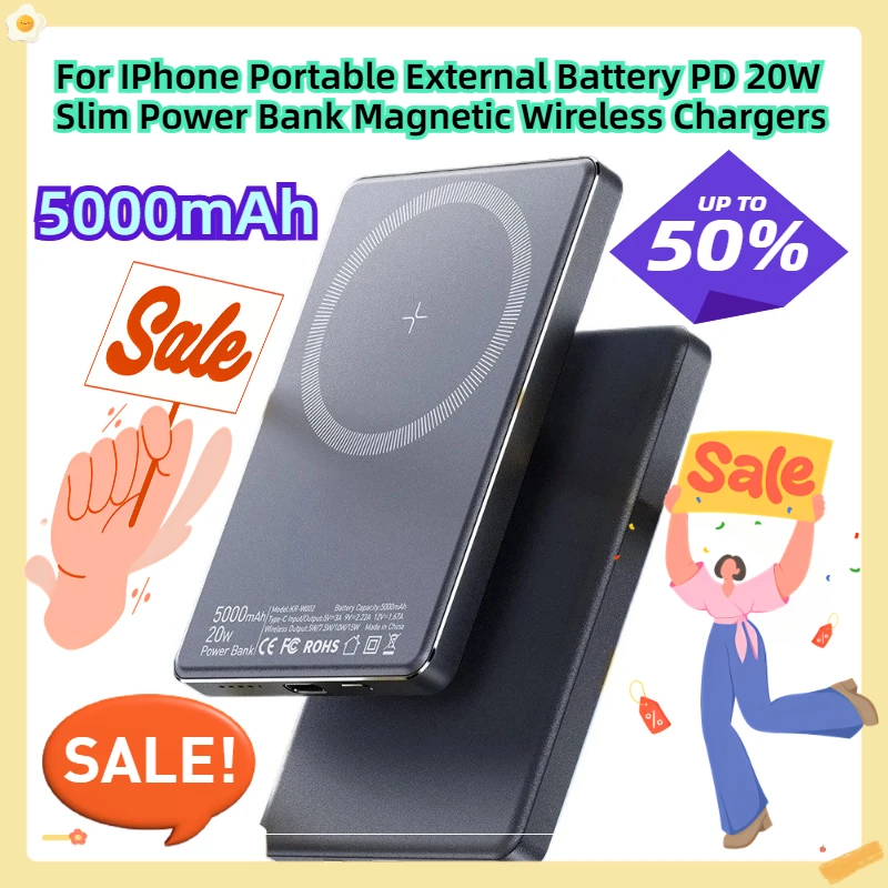 

For IPhone Portable External Battery PD 20W Slim Power Bank Magnetic Wireless Chargers 5000mAh