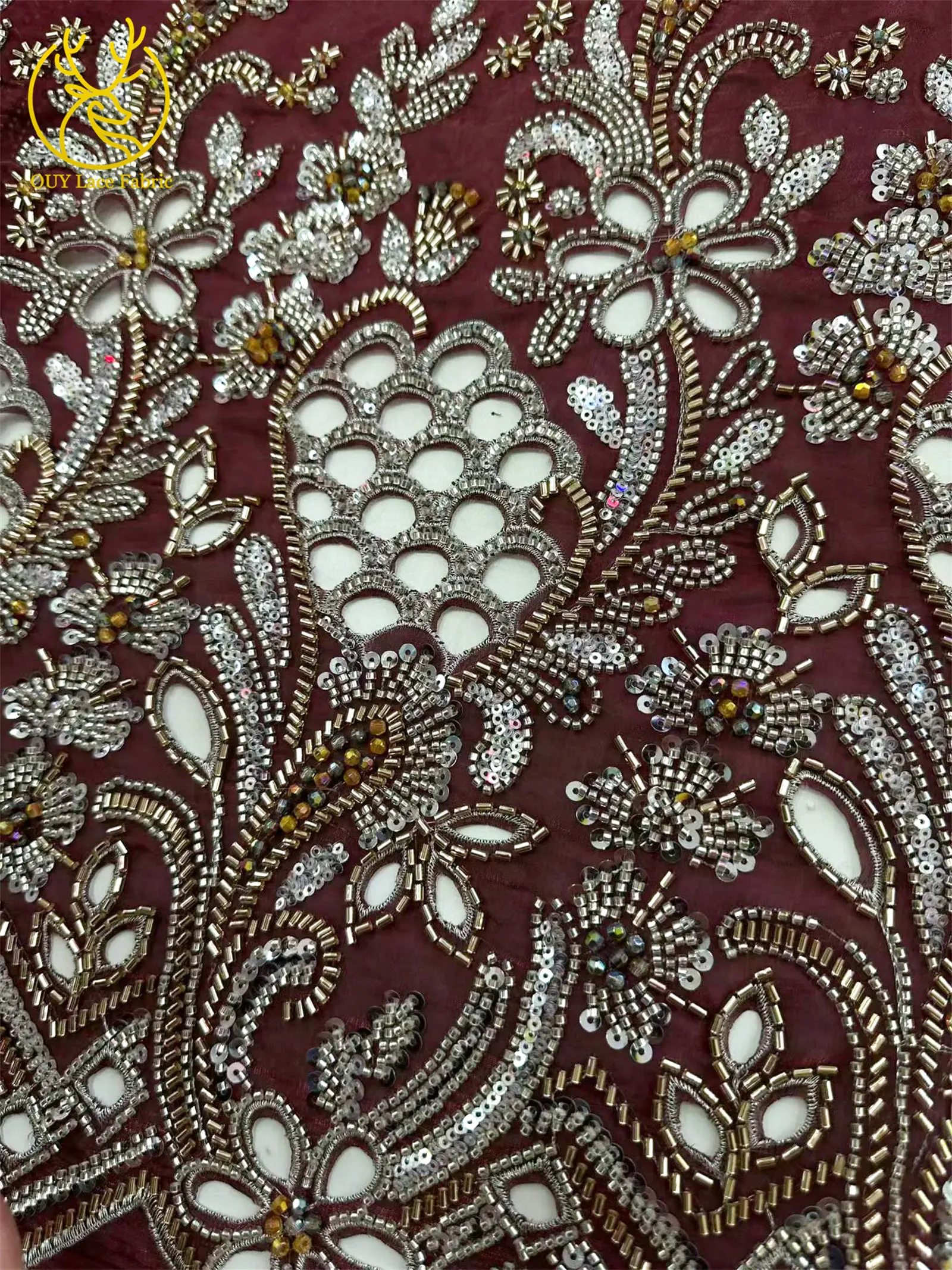 Neueste Afrikanische Schwer Verzierte Spitzenstoffe 5 Yards Nigerianische Schweizer Perlen-Pailletten-Spitze für Bräutigam-Kleider und Damenkleider zum Nähen – Detail 6