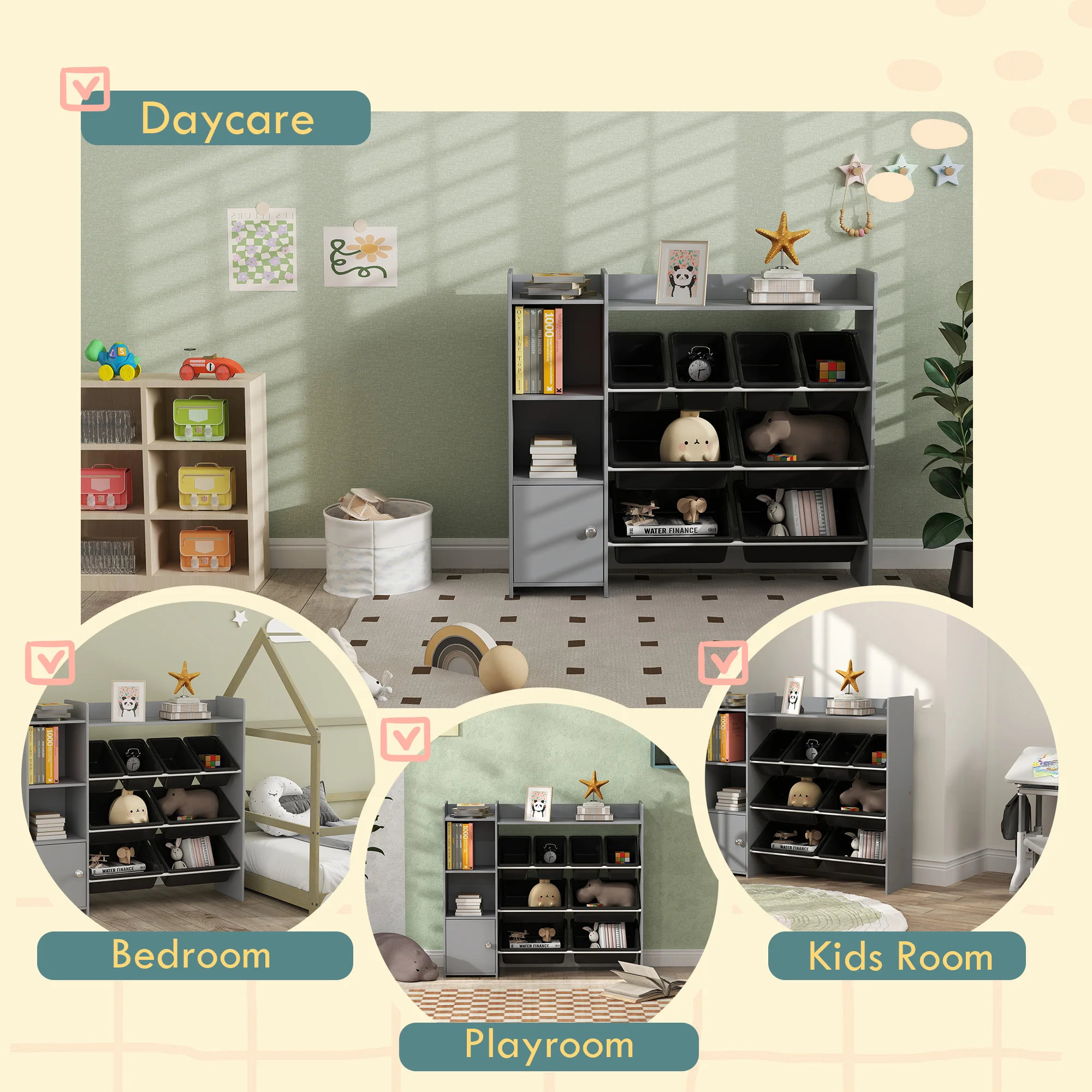 AIYAPLAY Toy Storage Unit, with 8 Removable Bins, Storage Shelves, Cabinet, for Playroom, Kids Room, Nursery, Grey