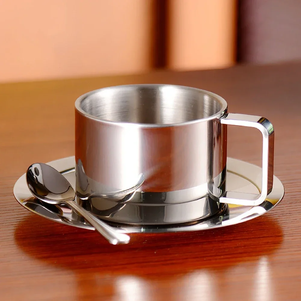 

Stainless Steel Coffee Cup Set Double Walled Heat Resistant Mug with Saucer Spoon Drink Tableware Kitchen Cafe Accessories