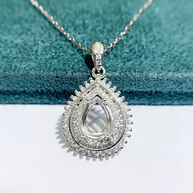 MeiBaPJ 2 Colors 6*8 Water Drop Stone Genuine 925 Silver Holder Pendant Necklace Empty Fitting Fine Wedding  Jewelry for Women