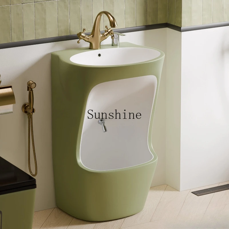 

Retro green ceramic integrated household wash basin, bathroom balcony floor-to-ceiling column basin