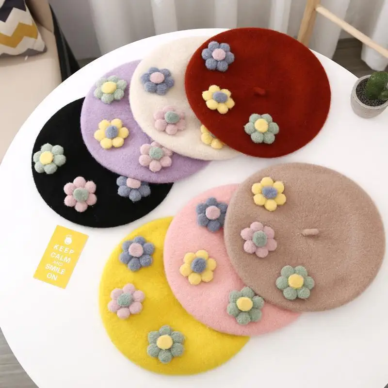 Princess Children Girl Baby Wool Beret Hat Cute Super Spring Autumn Parent Women Kids Three Flowers Painter Hat