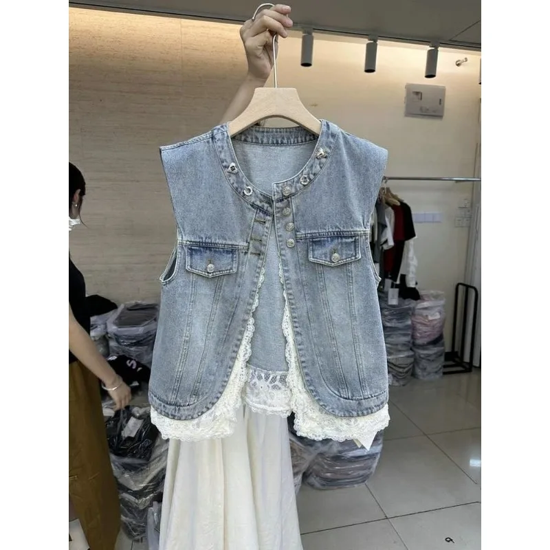 Women's Waistcoat Vest Spring New Letters Diamond Embroidery Round Neck Sleeveless Lace Patchwork Denim Coat Vest for Women