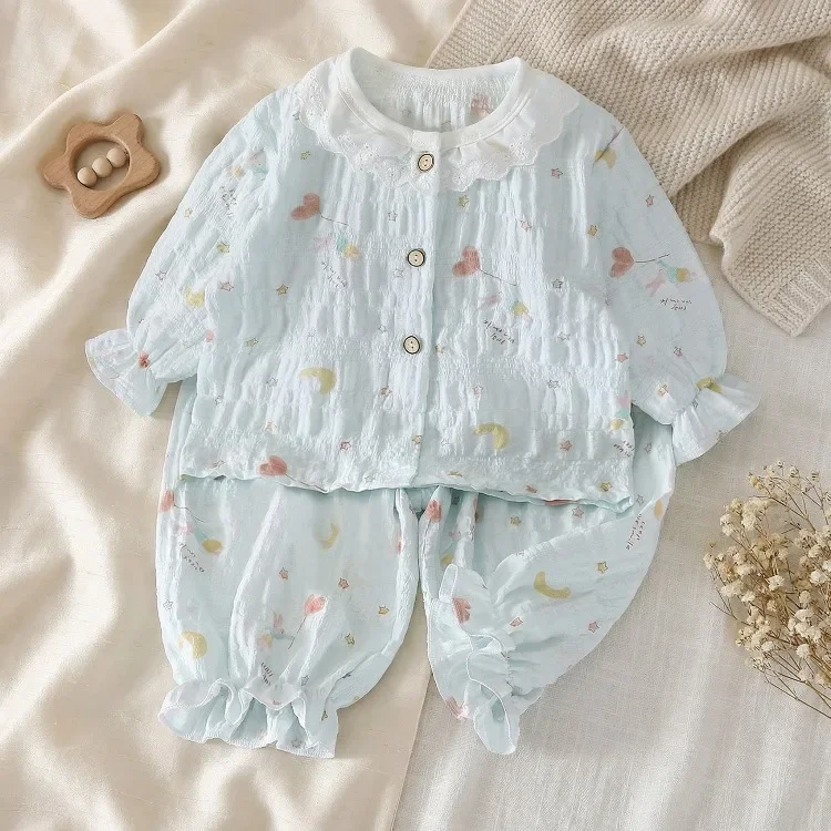 Sommer Frühling Herbst Mädchen Elegante Spitzen-Pyjama-Sets Kinder Atmungsaktive Bequeme Langarm-Hauskleidung Sets Kinder-Schlafanzüge – Detail 3