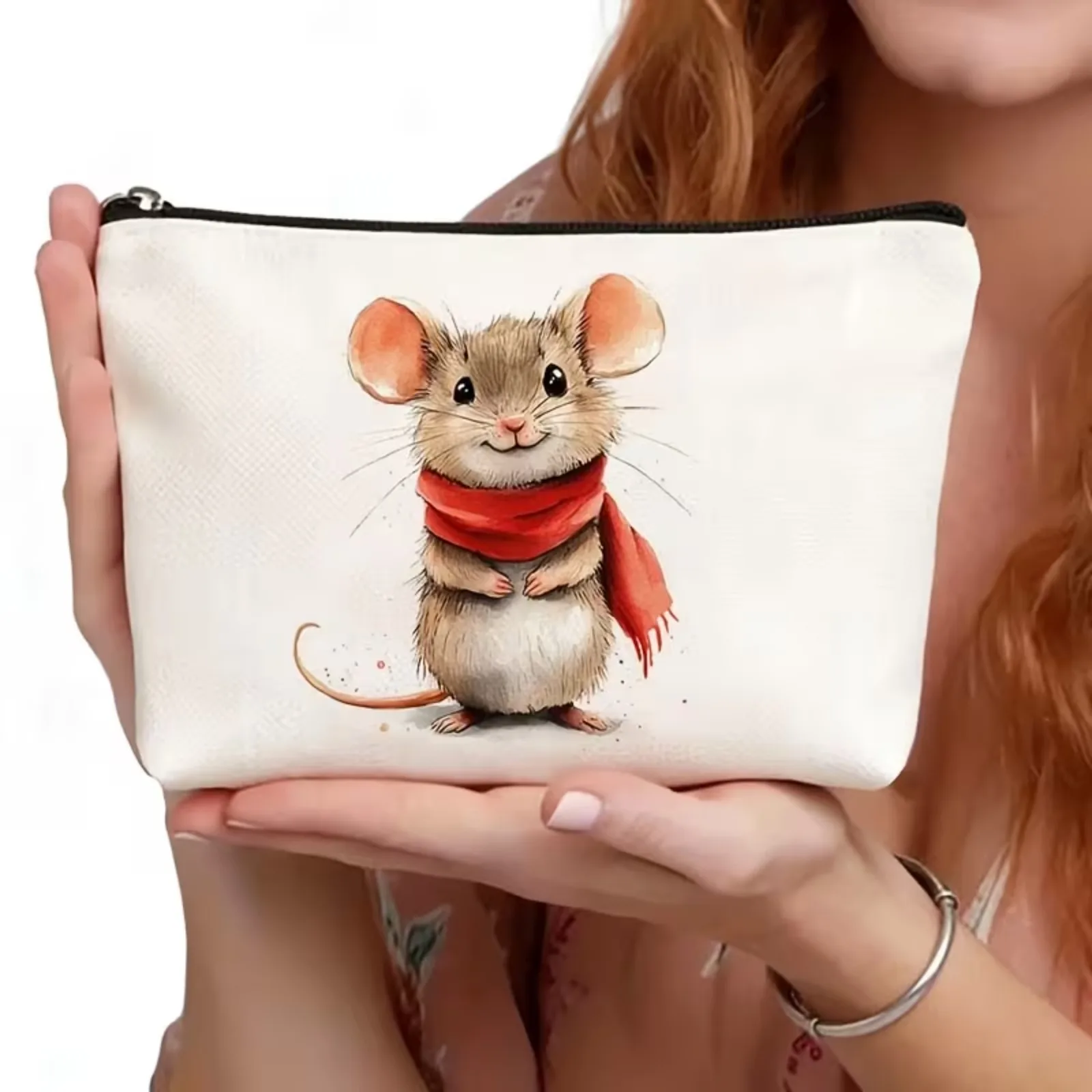 Cute Winter Mouse Red Scarf Makeup Bag Watercolor Christmas Animal Print Zipper Cosmetic Pouch Travel Toiletry Bag