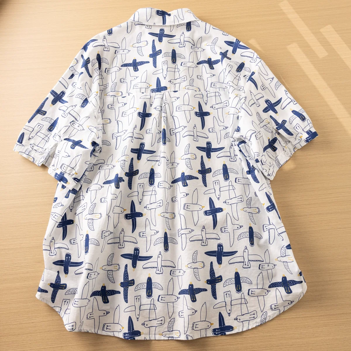 Japan Harajuku Fashion Cartoon Birds Print Cotton Blue Short Sleeve Blouse Women Summer Original Design Embroidery Shirts