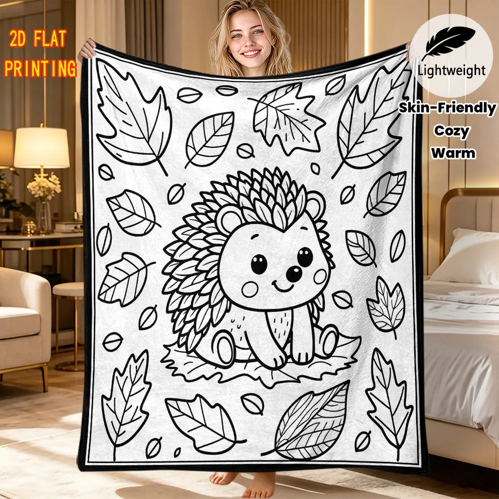 Autumn Hedgehog Throw Blanket Fall Maple Leaves Doodle Line Print Soft Flannel for Kids Room Sofa Lap DIY Craft Theme Decor Gift