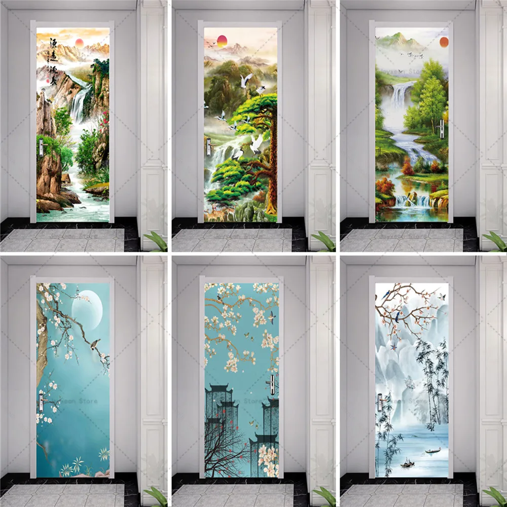 

Landscape Painting Door Sticker Art Decorative Ink Painting Sticker Removable Home Waterproof and Anti-fouling Wallpaper