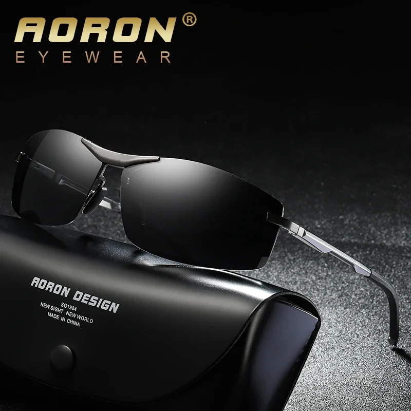 Aoron New Mens Polarized Sunglasses Driving Rectangle Sun Glasses Aluminum Frame Suglasses Men UV400 Anti-Reflective