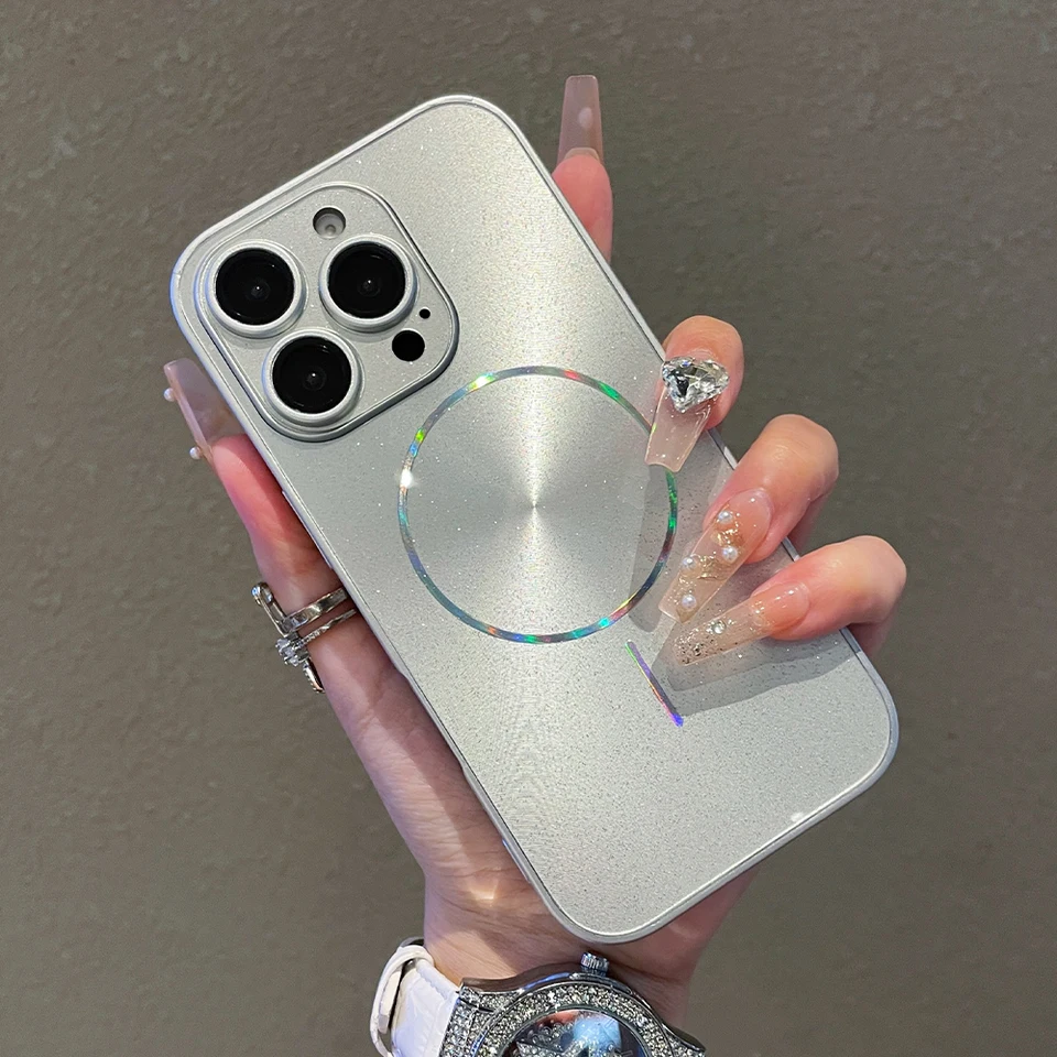 Funda magnética de lujo con brillo y efecto aurora para iPhone 15 16 17 Pro Max 14 Plus 13 12 11, protección completa de lente 5