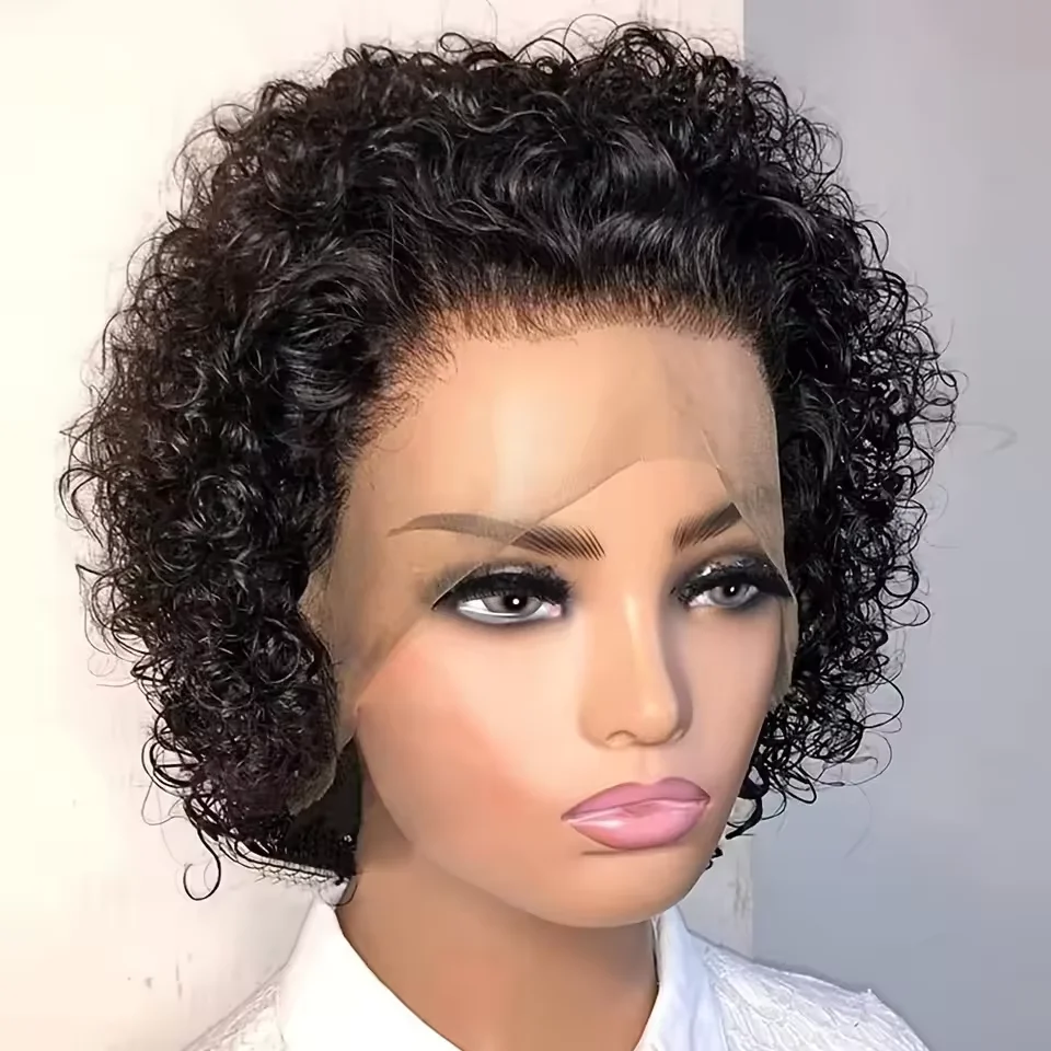 Pixie Cut Wig 13x1 Lace Frontal Short Kinky Curly Bob Wigs Brazilian Water Wave Transparent Lace Front Human Hair Short Wigs