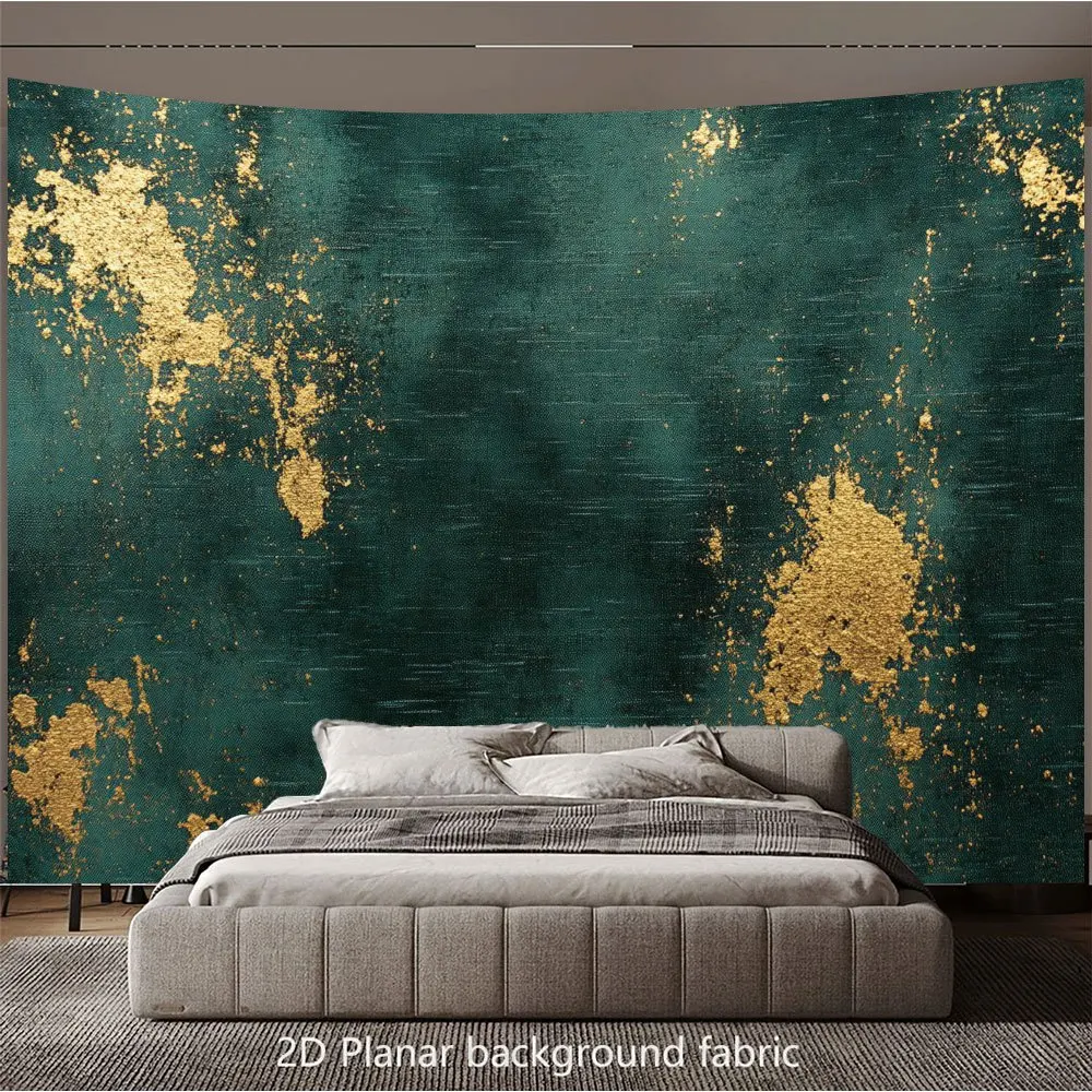 Emerald Green with Gold Leaf Texture Tapestry Wall Hanging Art Decor for Living Room Bedroom Luxury Modern Abstract Design
