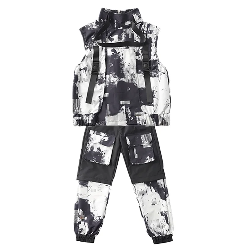 Boy Hip Hop Ink Wash Printed Vest Cargo Pants Kids Joggers Street Dance Girls Clothes Sets Child Jazz Costumes Streetwear Outfit