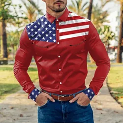 Long Mens Fashion Striped Shirts Man Vintage American Flag 3D Print Casual Color Social Y2k Dress Streetwear Floral Slim Camisa