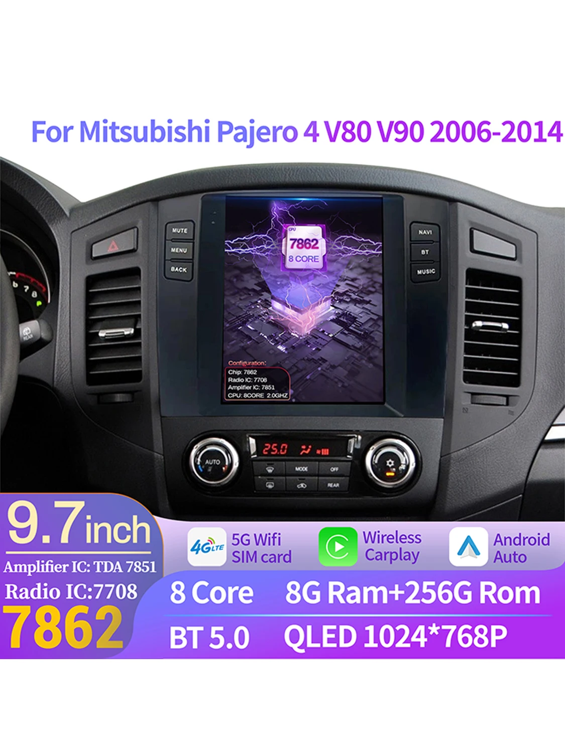 9.7 "Voor Mitsubishi Pajero 4 V80 V90 2006-2014 Autoradio Navigatie Voor Auto Multimedia Speler Navigatie Android 14 QLED Scherm - afbeelding 2