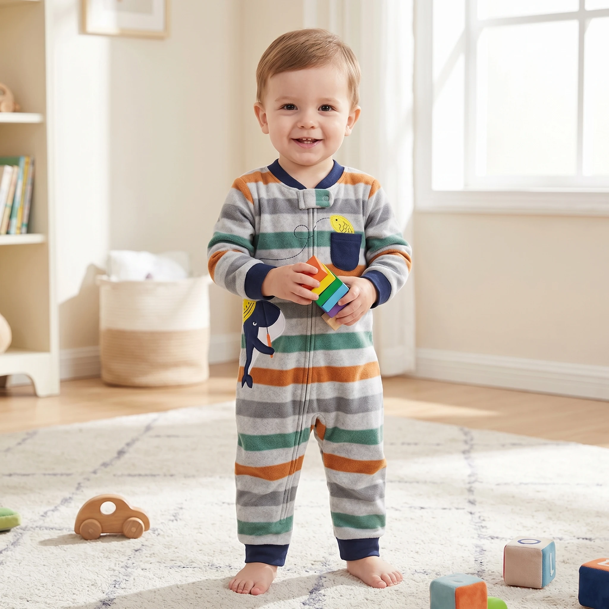 Infant Boys 9-24M Striped Polar Fleece Zip Romper Cute Animal Excavator Embroidery with Pocket Warm Autumn Winter Baby Jumpsuit
