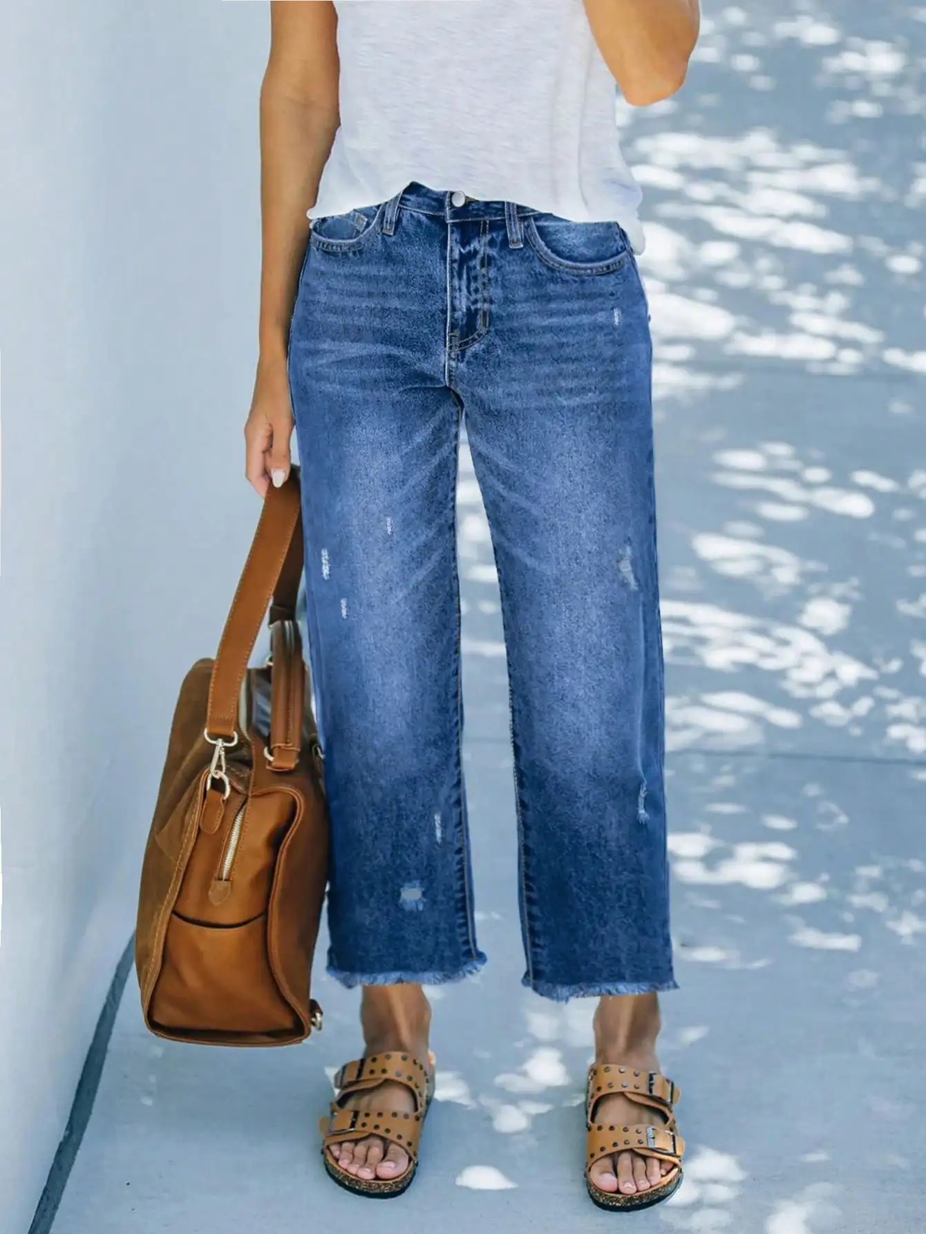 

Свободные прямые джинсы больших размеров длиной 7/8, потертые синие джинсовые брюки с эластичной резинкой на талии для женщин