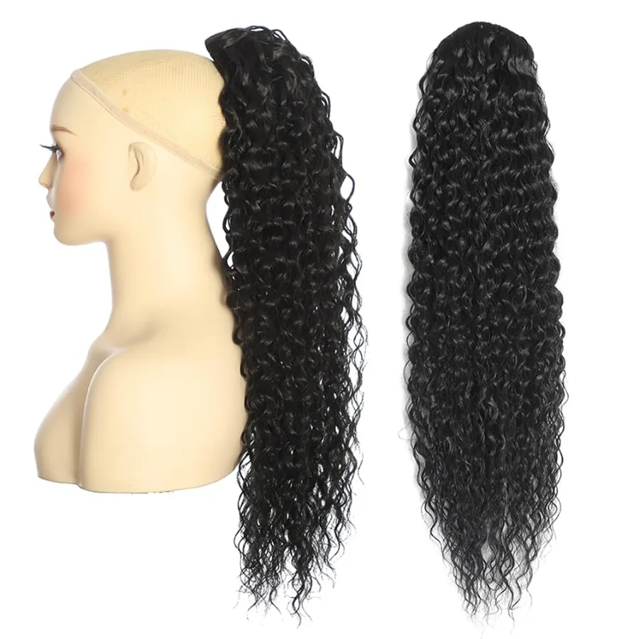 24インチ-ブラック-カーリー-ウェーブ-ポニーテール-ヘアエクステンション-女性用-ドローストリングとクリップ付き-合成ショートヘアピース-日常着用