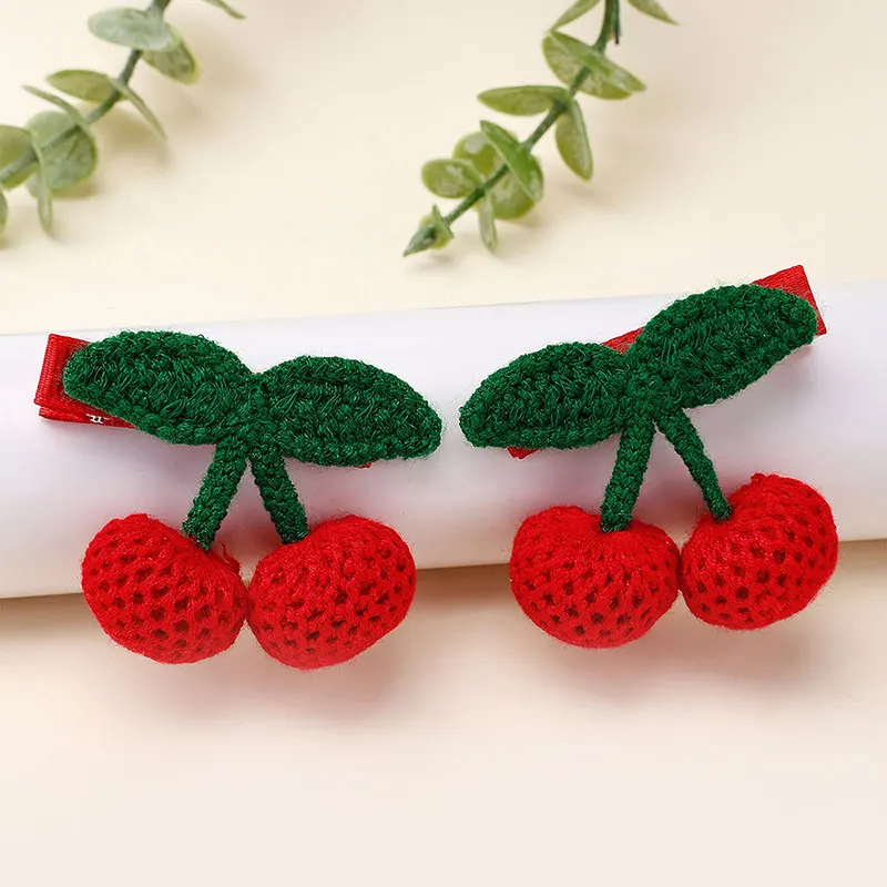 2Pcs Cute Knitted Cherry Hair Clip Handmade Side Bangs Hairpins Kids Barrettes Cartoon Baby Headwear Hair Accessories