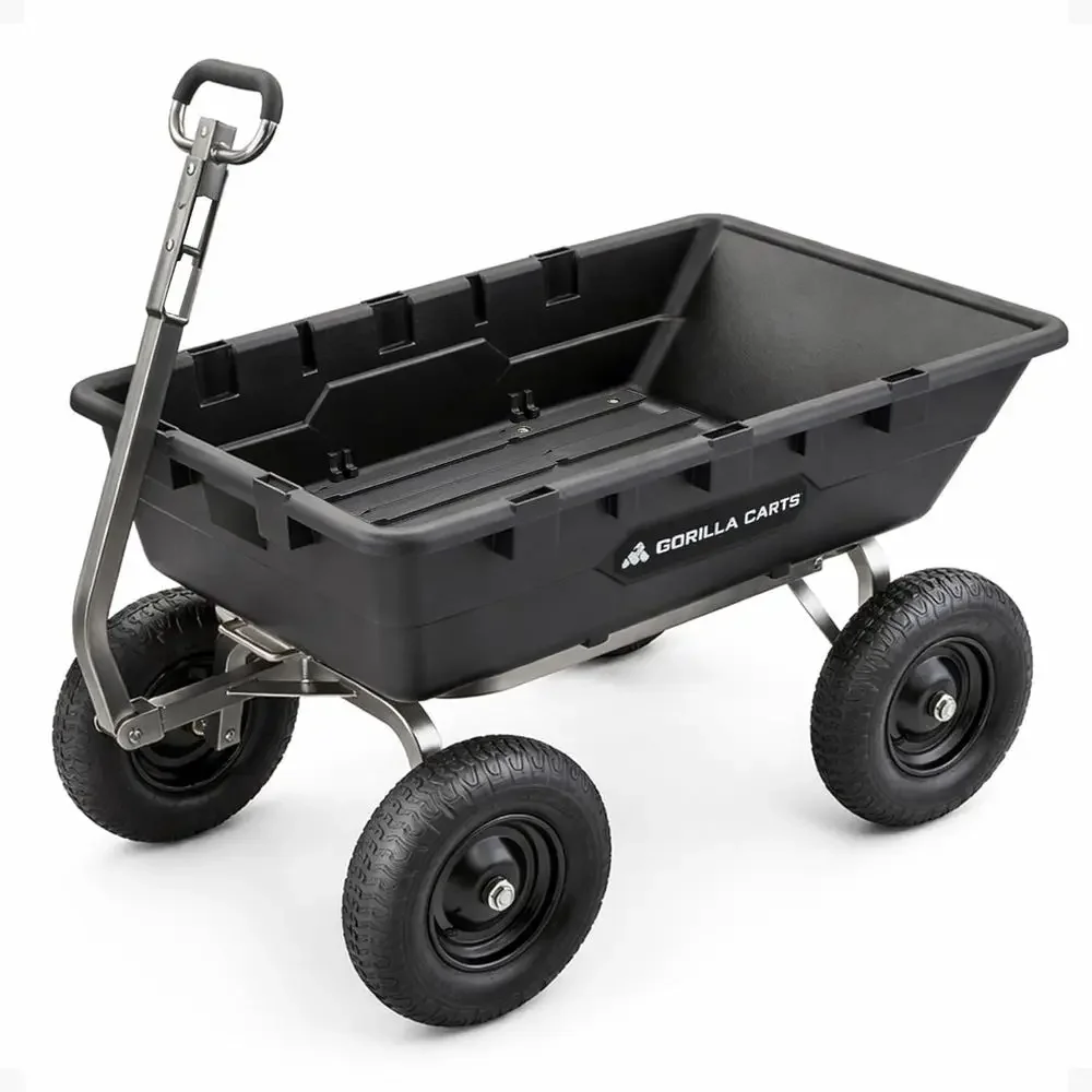 Sturdy Poly Yard Cart, 10 Cubic Ft, 1500 lbs Capacity, Black - Towing Utility Wagon with Easy Dump & Air Tires for Landscaping a