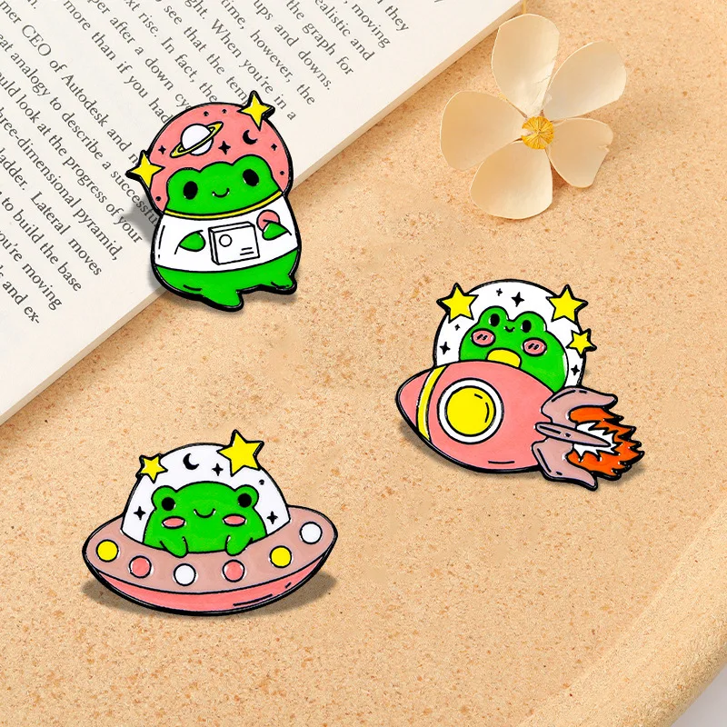 Cartoon Frog Astronaut Series Badge Cute Pink UFO Rocket Badge Brooch Clothing Decoration