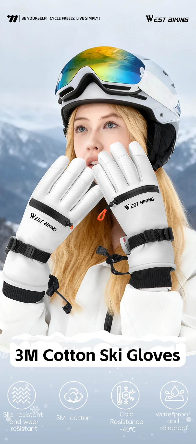 WEST BIKING Skihandschuhe Wasserdicht Dickes Fleece Thermische Winter-Fahrrad-Motorradhandschuhe Touchscreen-fähig Rutschfest Warme Handschuhe für Männer und Frauen – Detail 1