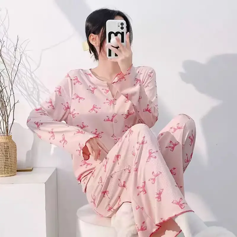 ربيع الخريف المرأة فراشة عقدة الخامس الرقبة المفتوحة سترة طويلة الأكمام السراويل الطويلة الحرير الجليد ملابس المنزل مجموعة عصرية