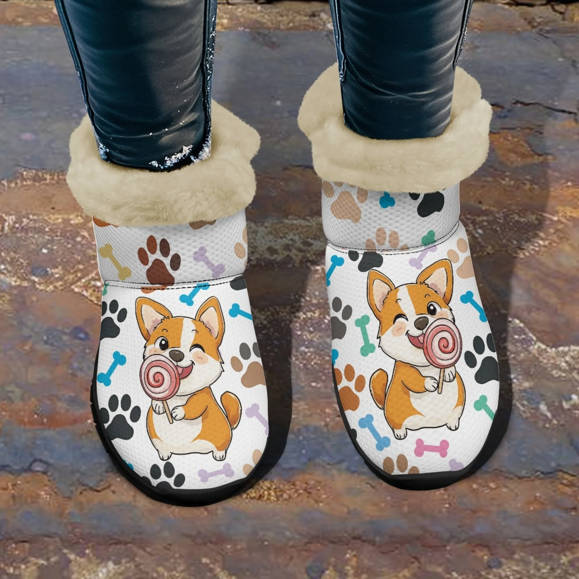 INSTANTARTS Winter Women Short Plush Warm Snow Boots Cute Cartoon Corgi Pattern Girls Lining Fuzzy Comfortable Shoes Non Slip