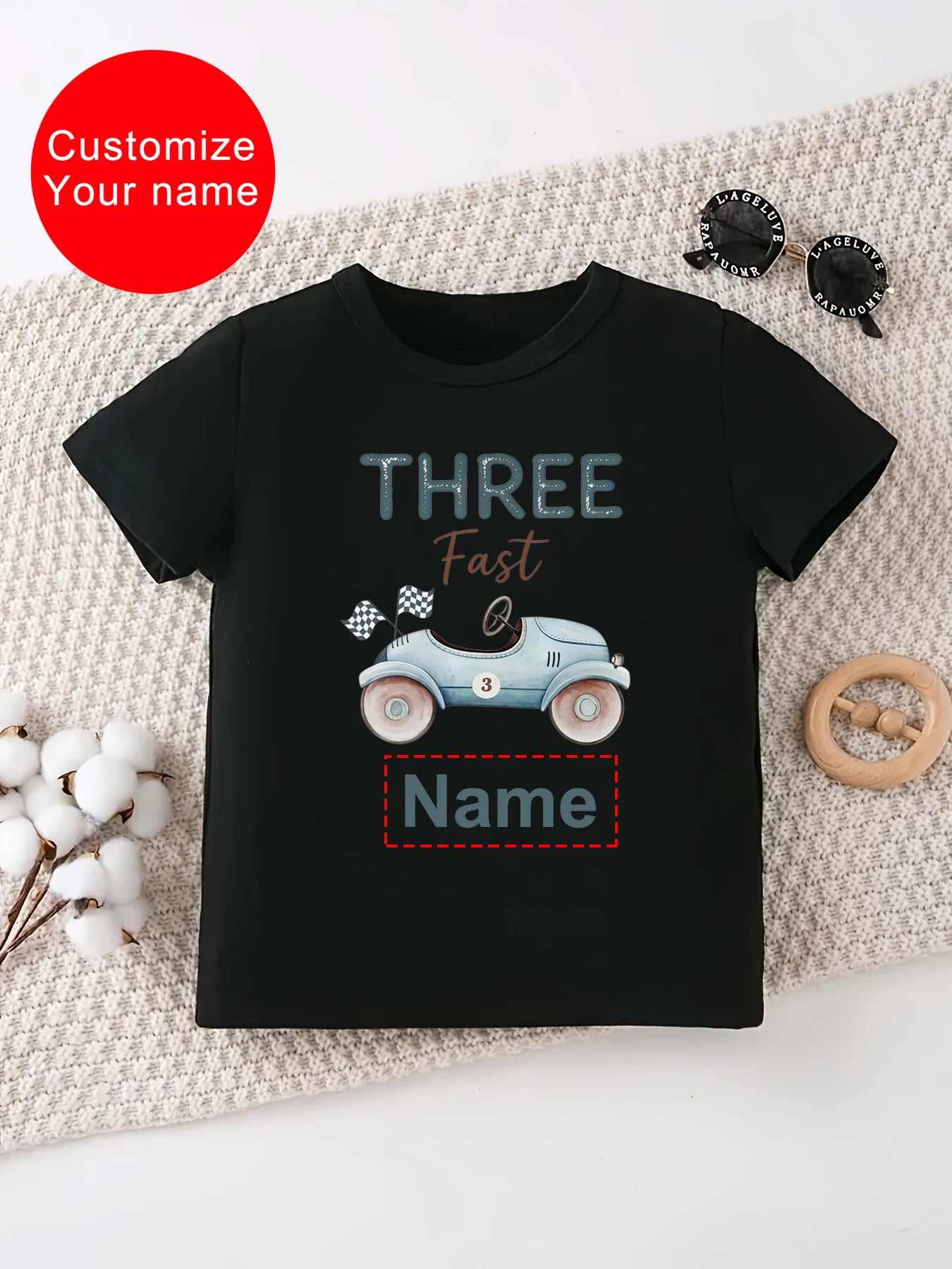 Customize Your Name Three Fast Racing Flags Printed T Shirt Girs/Boys 3rd Birthday Gift T-Shirt Funny Kids Clothes